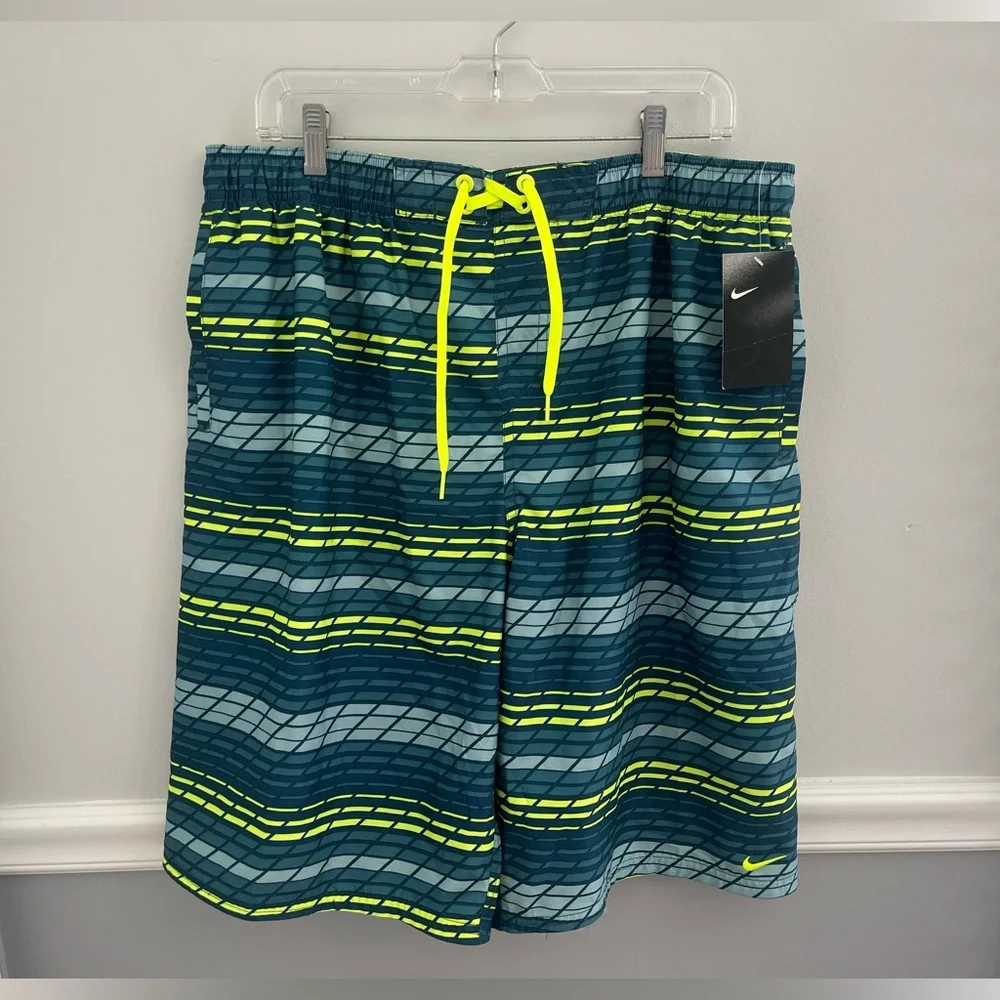 NWT Nike Blue Neon Green Pattern Mesh Lined Swim Trunks Size XL